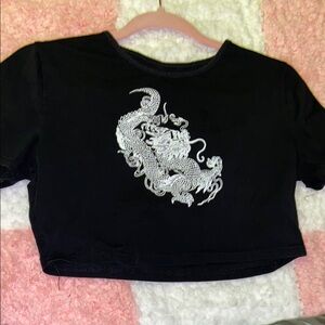 Black Crop Top with White Dragon Design